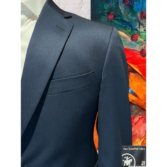 Vintage Hart Schaffner Marx 42S Navy Blue Blazer Silver Tone Crest Buttons - Picture 3 of 12